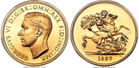George VI gold Proof 5 Pounds 1937 PR65 Deep Cameo PCGS, KM861, S-4074. The last 5 Pound piece produced pre-Elizabeth II, a popular Proof-only issue a...
