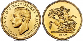 George VI gold Proof 5 Pounds 1937 PR65 Cameo NGC, KM861, S-4074. Almost entirely free of notable marks save for a scratch to the horse's shoulder. A ...