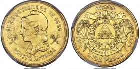 Republic gold 10 Pesos 1883 AU50 NGC, Tegucigalpa mint, KM58, Fr-5. Borderline Mint State and attractive for the designation with the extant handling ...