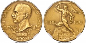 Vittorio Emanuele III gold Matte Proof 100 Lire 1925-R PR63 NGC, Rome mint, KM66, Fr-32, Montenegro-17, Pag-645. Commemorating the Silver Jubilee of t...