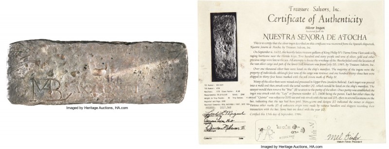 temp. Philip IV silver Atocha Shipwreck Recovery Ingot of 84 troy lb 11.52 troy ...