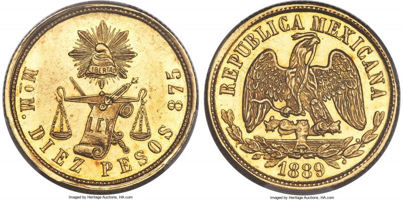 Republic gold 10 Pesos 1889 Mo-MS MS61 Prooflike PCGS, Mexico City mint, KM413.7...