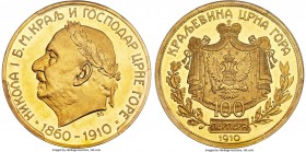 Nicholas I gold Proof "Laureate Head" 100 Perpera 1910 PR62 Deep Cameo PCGS, KM13. Mintage: 501. Variety with Nicholas facing left, wearing laurel wre...