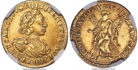 Peter I gold 2 Roubles 1721 AU58 NGC, Moscow mint, KM158.5, Bit-122 (R), Petrov 15 Rub. (Plate 27, 180), Sev-90. Variety without palm branch on chest....