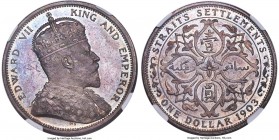 British Colony. Edward VII Dollar 1903-B MS65 S NGC, Bombay mint, KM25, Prid-2. Incuse mintmark variety. Truly beautiful, a prooflike Straits offering...