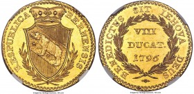 Bern. Canton gold 8 Ducat 1796 MS62+ NGC, KM157, Fr-174, HMZ-2-204. An extremely rare and extremely desirable multiple Ducat; the only example of this...