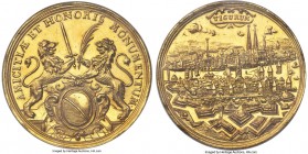 Zurich. City gold Medallic 25 Ducat ND (1706-37) UNC Details (Rim Damage, Tooled) NGC, SM-230, Hürlimann-Unl. 50mm. By H. J. Gessner. Date in chronogr...