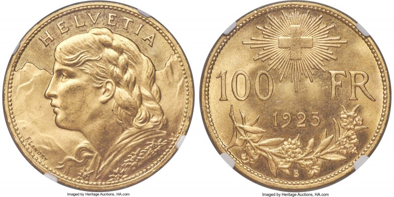 Confederation gold 100 Francs 1925-B MS65 NGC, Bern mint, KM39, HMZ-2-1193a. The...