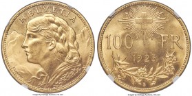 Confederation gold 100 Francs 1925-B MS65 NGC, Bern mint, KM39, HMZ-2-1193a. The key to the Swiss 20th century gold series. Engraved to a 'soft' finis...