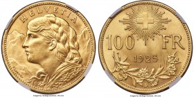 Confederation gold 100 Francs 1925-B MS64 NGC, Bern mint, KM39, HMZ-2-1193a. Remarkably unscathed for such a large-size gold piece, only a small handf...