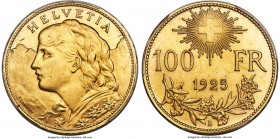 Confederation gold 100 Francs 1925-B MS63 PCGS, Bern mint, KM39, HMZ-2-1193a. Obv. Draped bust of Helvetia left, wearing hair in braid and with garlan...