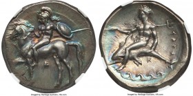 CALABRIA. Tarentum. Ca. 380-340 BC. AR stater or didrachm (21mm, 7.92 gm, 11h). NGC Choice AU S 5/5 - 4/5, Fine Style. D- and K-, magistrates. Helmete...