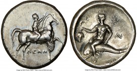 CALABRIA. Tarentum. Ca. 281-240 BC. AR stater or didrachm (22mm, 7.51 gm, 11h). NGC Choice AU 4/5 - 4/5. Leon- and An-, magistrates. Nude youth on hor...