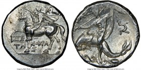 CALABRIA. Tarentum. Ca. 240-228 BC. AR stater or didrachm (20mm, 6.56 gm, 1h). NGC Choice AU 3/5 - 4/5. Cr- and Zetenocras, magistrates. Cloaked figur...
