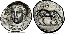 THESSALY. Larissa. 4th century BC. AR drachm (19mm, 5.93 gm, 5h). NGC AU 5/5 - 3/5, Fine Style. Head of the nymph Larissa three-quarter facing left, w...
