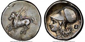 CORINTHIA. Corinth. Ca. 4th century BC. AR stater (24mm, 8.50 gm, 7h). NGC Choice XF 5/5 - 4/5, light scratch. Ca. 345-307 BC. Pegasus flying left; Ϙ ...