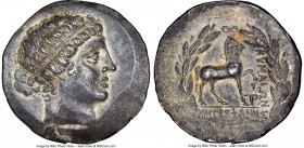 AEOLIS. Cyme. Ca. mid-2nd century BC. AR tetradrachm (30mm, 16.61 gm, 11h). NGC Choice AU 4/5 - 4/5. Ca. 155-145 BC, Metrophanes, magistrate. Head of ...