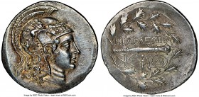 IONIA. Heraclea ad Latmun. Ca. 150-142 BC. AR tetradrachm (32mm, 16.58 gm, 11h). NGC AU 4/5 - 5/5. Helmeted head of Athena right / HPAKΛEOTΩN above cl...