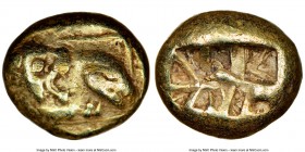 IONIA. Miletus. Ca. 600-550 BC. EL sixth-stater or hecte (10mm, 2.30 gm). NGC VF 5/5 - 4/5. Recumbent lion to left, head reverted; in linear frame / T...