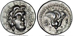 CARIAN ISLANDS. Rhodes. Ca. 205-190 BC. AR didrachm (21mm, 12h). NGC AU S. Ca. 205-195 BC, Ainetor, magistrate. Radiate head of Helios facing, turned ...