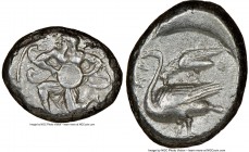 CILICIA. Mallus. Ca. 440-385 BC. AR stater (22mm, 11.02 gm, 9h). NGC Choice VF 5/5 - 3/5. Beardless male, winged, in kneeling/running stance left, hol...