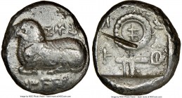 CYPRUS. Salamis. Nicodamus (ca. 460-450 BC). AR stater (21mm, 1h). NGC VF, test cut. e-u-we/le-to-to-se (Cypriot=Euelthon (father of Nicodamus)), ram ...