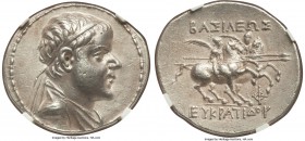 BACTRIAN KINGDOM. Eucratides I the Great (ca. 170-145 BC). AR tetradrachm (32mm, 16.82 gm, 11h). NGC Choice XF 5/5 - 4/5. Attic standard. Baktra. Diad...
