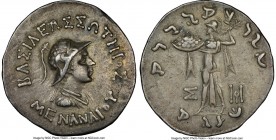 INDO-GREEK KINGDOMS. Bactria. Menander I Soter (ca. 165/55-130 BC). AR Indic tetradrachm (27mm, 9.73 gm, 1h). NGC XF 5/5 - 4/5. Uncertain mint in Paro...