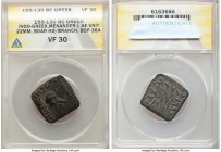 INDO-GREEK KINGDOMS. Bactria. Menander I Soter (ca. 165/55-130 BC). AE square quadruple unit (21mm, 12h). ANACS VF 30. Uncertain mint in the Paropamis...
