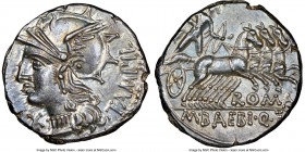M. Baebius Q.f. Tampilus (ca. 137 BC). AR denarius (18mm, 3.91 gm, 8h). NGC MS 5/5 - 5/5. TAMPIL, head of Roma left in winged helmet decorated with gr...