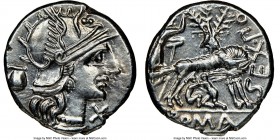 Sextus Pomponius Fostlus (ca. 137 BC). AR denarius (19mm, 3.94 gm, 1h). NGC MS 4/5 - 4/5. Rome. Head of Roma right, wearing winged helmet decorated wi...
