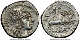 L. Antestius Gragulus (136 BC). AR denarius. (20mm, 3.85 gm, 2h). NGC MS 5/5 - 5/5. Rome. GRAG, head of Roma right in winged helmet decorated with gri...