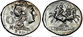 C. Servilius M.f. (ca. 136 BC). AR denarius (21mm, 3.92 gm, 6h). NGC Choice AU 5/5 - 4/5. Rome. ROMA, head of Roma right, wearing winged helmet decora...