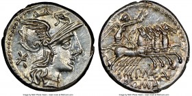 P. Maenius Antiaticus (ca. 132 BC). AR denarius (19mm, 3.95 gm, 9h). NGC Choice MS 5/5 - 5/5. Rome. Head of Roma right, wearing winged helmet surmount...