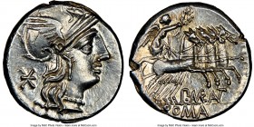 P. Maenius Antiaticus (ca. 132 BC). AR denarius (19mm, 3.95 gm, 3h). NGC MS 5/5 - 4/5. Rome. Head of Roma right, wearing winged helmet surmounted by g...