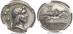 C. Calpurnius Piso L.f. Frugi (67 or 61 BC). AR denarius (18mm, 4.05 gm, 5h). NGC XF S 5/5 - 4/5. Laureate head of Apollo right; scorpion holding butt...