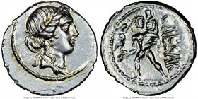 Julius Caesar, as Dictator (49-44 BC). AR denarius (18mm, 3.93 gm, 6h). NGC Choice AU 4/5 - 4/5. Military mint moving with Caesar in North Africa, 48-...