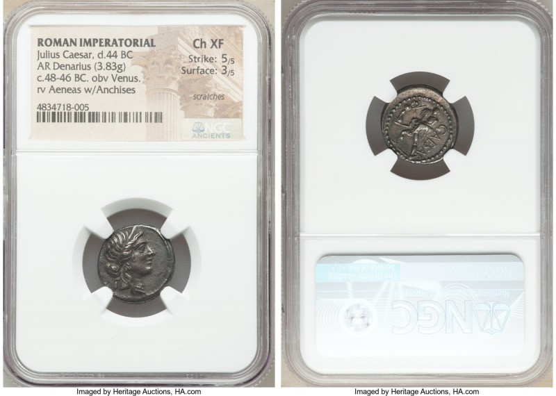 Julius Caesar, as Dictator (49-44 BC). AR denarius (18mm, 3.83 gm, 7h). NGC Choi...