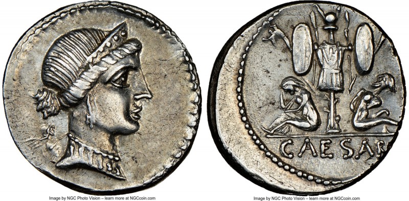 Julius Caesar, as Dictator (49-44 BC). AR denarius (18mm, 3.90 gm, 6h). NGC AU 4...