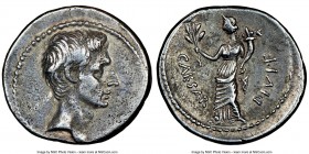 Octavian, as Sole Imperator (31-27 BC). AR denarius (19mm, 3.80 gm, 6h). NGC XF 5/5 - 2/5, Fine Style, graffito. Brundisium or Rome, ca. 32-29 BC. Bar...