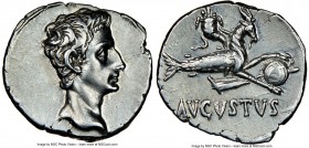 Augustus (27 BC-AD 14). AR denarius (19mm, 3.65gm 6h). NGC Choice XF 5/5 - 4/5. Spain (Colonia Patricia?), ca. 18-16 BC. Bare head of Augustus right w...