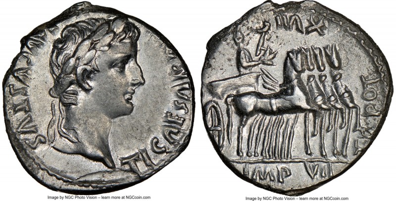 Tiberius, as Augustus (AD 14-37). AR denarius (17mm, 3.46 gm, 2h). NGC AU 4/5 - ...