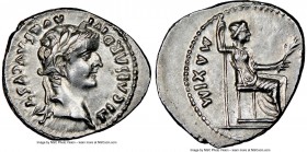 Tiberius, as Augustus (AD 14-37). AR denarius (19mm, 3.74 gm, 8h). NGC Choice AU 4/5 - 4/5. Lugdunum. TI CAESAR DIVI-AVG F AVGVSTVS, laureate head of ...