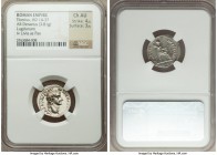 Tiberius, as Augustus (AD 14-37). AR denarius (20mm, 3.81 gm, 5h). NGC Choice AU 4/5 - 3/5. Lugdunum, ca. AD 18-35. TI CAESAR DIVI-AVG F AVGVSTVS, lau...
