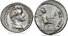 Tiberius, as Augustus (AD 14-37). AR denarius (20mm, 3.73 gm, 3h). NGC AU 4/5 - 4/5. Lugdunum. TI CAESAR DIVI-AVG F AVGVSTVS, laureate head of Tiberiu...
