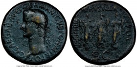 Caligula (AD 37-41). AE sestertius (34mm, 28.25 gm, 6h). NGC Choice Fine 5/5 - 2/5. Rome, AD 37-38. C CAESAR•AVG•GERMANICVS•PON•M•TR•POT, laureate hea...