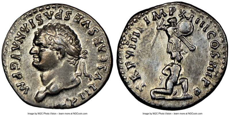 Titus (AD 79-81). AR denarius (18mm, 2.66 gm, 6h). NGC Choice XF 5/5 - 3/5. Juda...