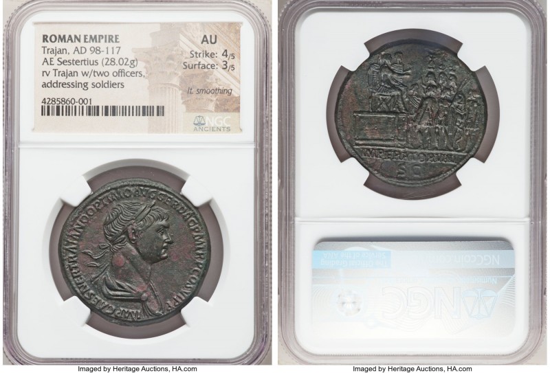 Trajan (AD 98-117). AE sestertius (34mm, 28.02 gm, 6h). NGC AU 4/5 - 3/5, light ...