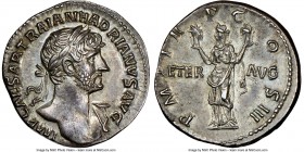 Hadrian (AD 117-138). AR denarius (18mm, 3.30 gm, 7h). NGC Choice AU S 5/5 - 5/5. Rome, AD 119-ca. mid AD 120. IMP CAESAR TRAIAN HADRIANVS AVG, laurea...