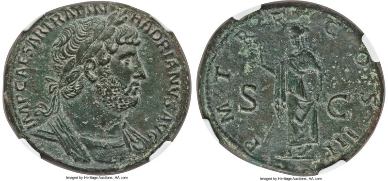 Hadrian (AD 117-138). AE sestertius (34mm, 24.97 gm, 5h). NGC AU 5/5 - 3/5, Fine...